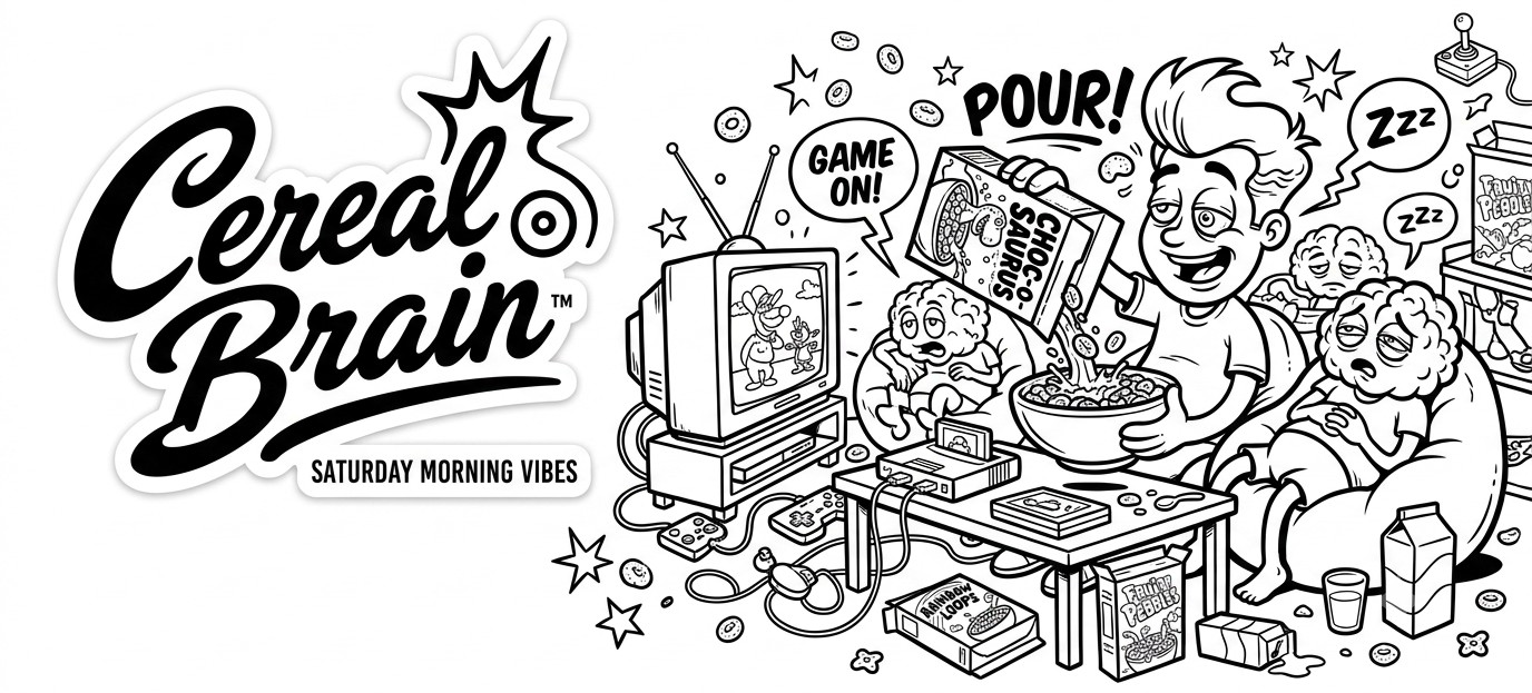 Cereal Brain — Saturday Morning Vibes. Kids pouring cereal and playing games in front of the TV.
