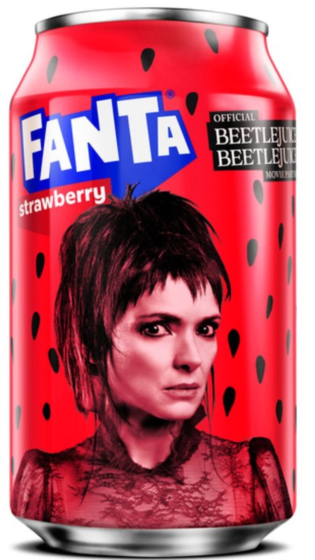 Fanta Strawberry Beetlejuice can with Winona Ryder as Lydia Deetz