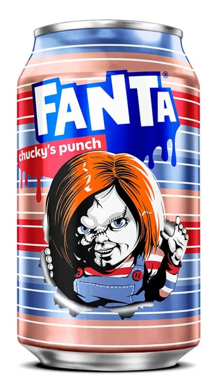 Fanta Chucky's Punch can, red and blue striped with Chucky bursting through