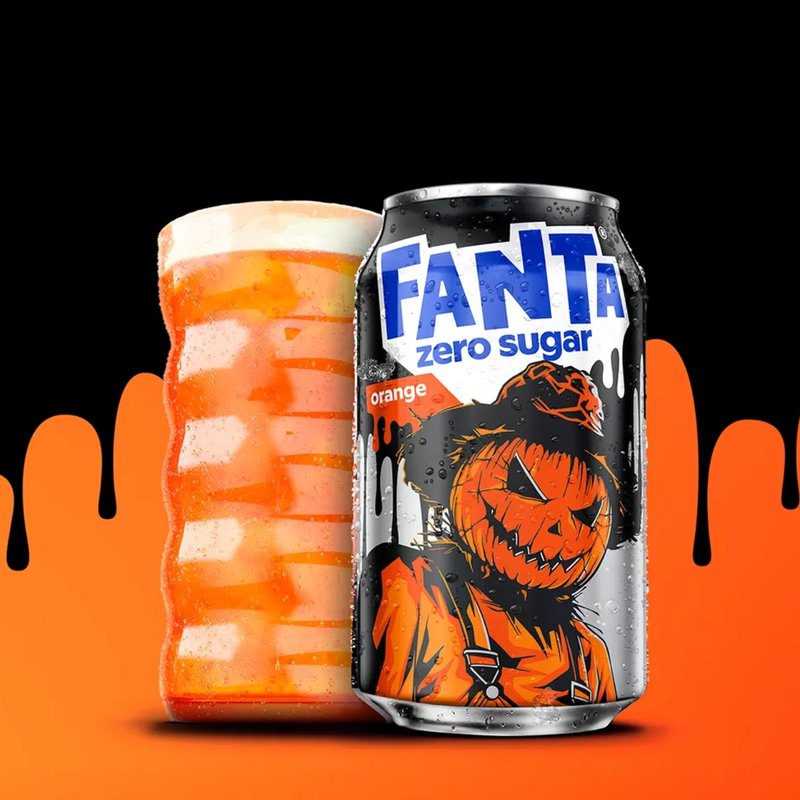 Fanta Orange Zero Sugar can with Haystacks the scarecrow