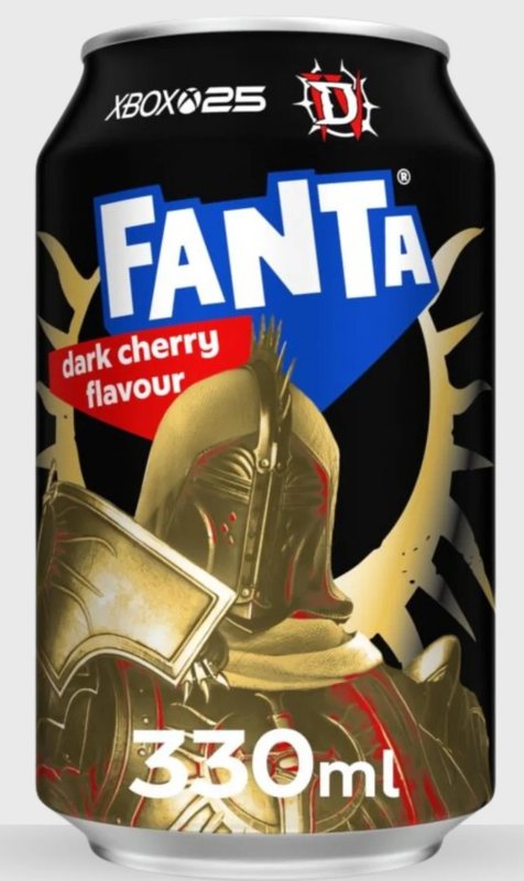 Fanta Dark Cherry 330ml can with the Diablo knight