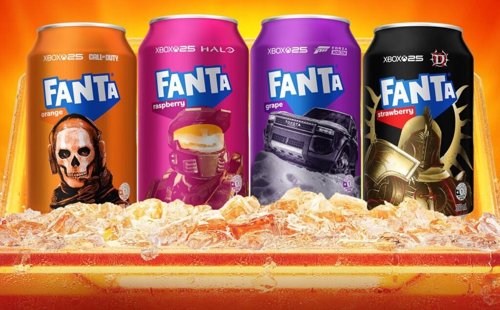 The Fanta Xbox 25 set — Call of Duty Orange, Halo Raspberry, Forza Horizon Grape, and Diablo Strawberry