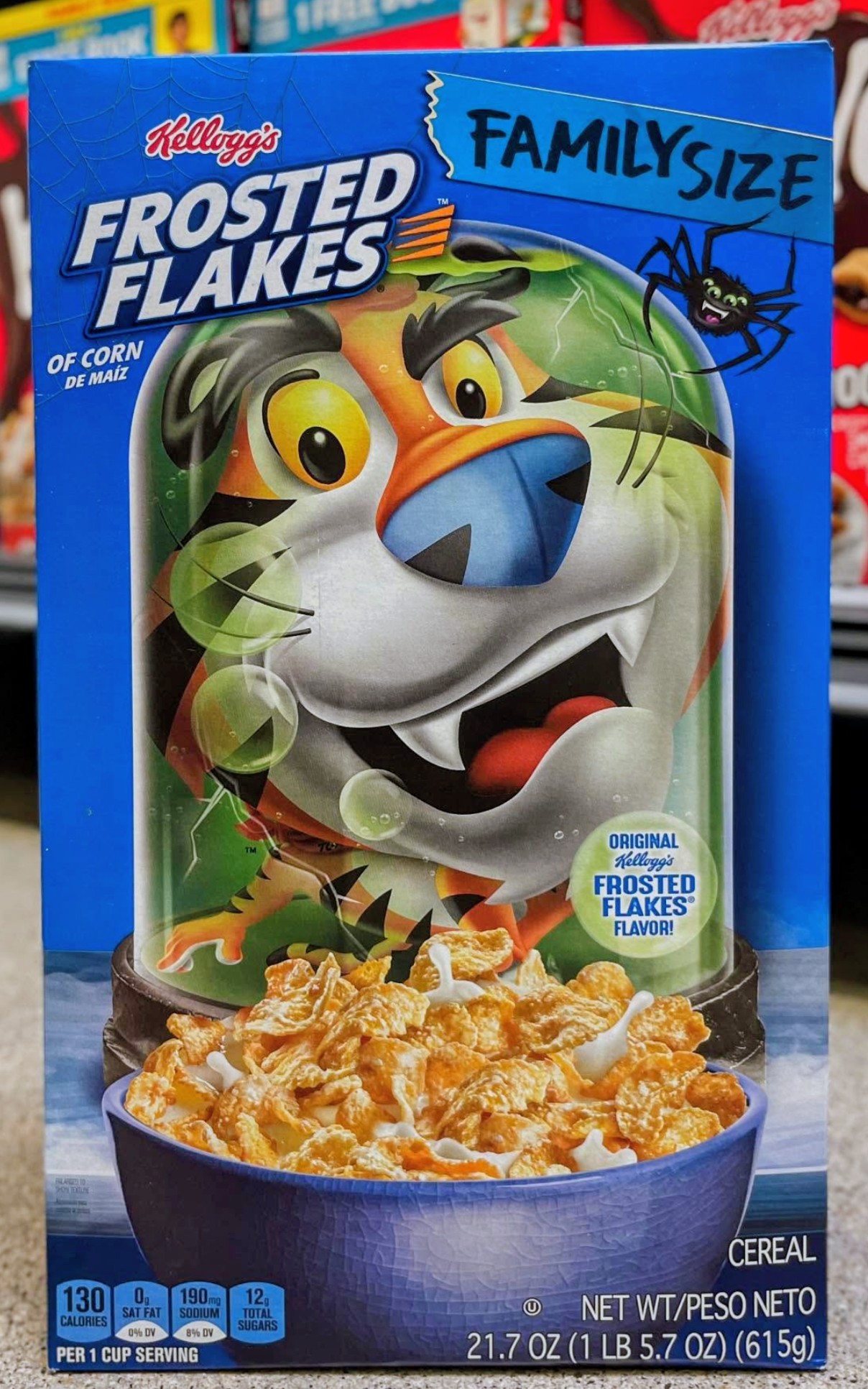 Frosted Flakes Halloween Family Size box featuring a spooky Tony the Tiger