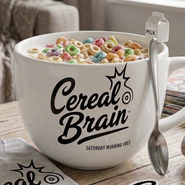 Cereal Brain Saturday Morning Vibes mug filled with cereal