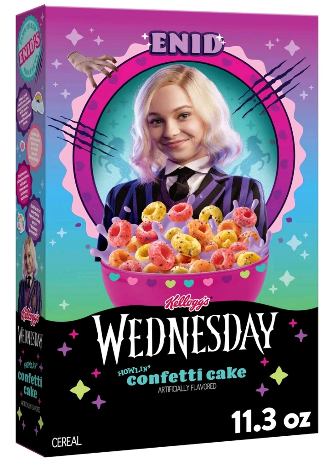 Kellogg's Wednesday Howlin Confetti Cake cereal box featuring Enid